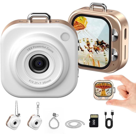 W & O Q16 Portable 48 MP Mini Keychain Digital Camera, 32GB Card Included, Gold