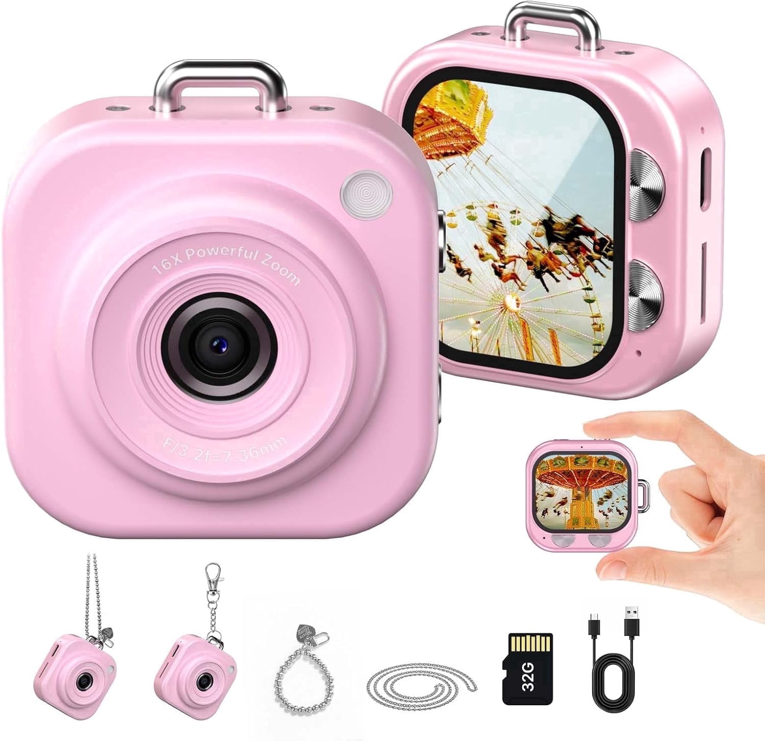 W & O Q16 Portable 48 MP Point & Shoot Digital Cameras with Keychain Camera, Pink