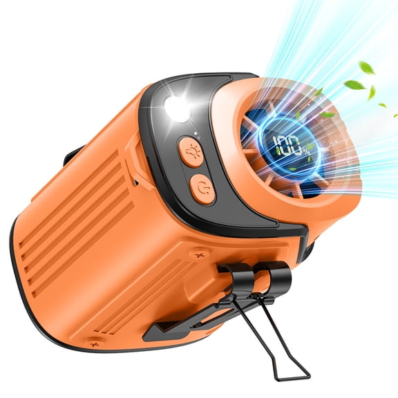 W & O Portable Rechargeable Waist Fan with LED Flashlight, Hands-Free Personal Cooling Fan, USB-C Wearable Hanging Fan for Camping, Hiking, Travel and Outdoor Work-Orange