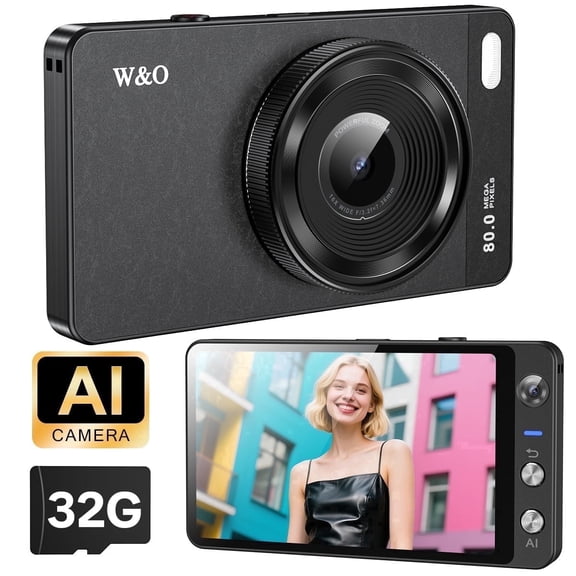 W & O AI Digital Camera, 4.0" Screen, 80MP Auto Focus Camera, 13MP Front Camera, 2GB+16GB, Photo & Video Recording - Black
