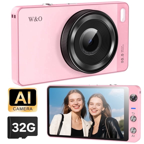 W & O AI Digital Camera, 4.0" Screen, 80MP Auto Focus Camera, 13MP Front Camera, 2GB 16GB, Photo & Video Recording - Pink