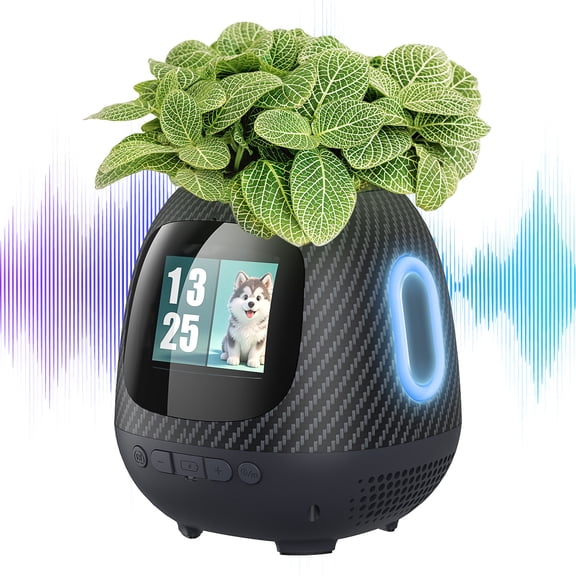 W & O Y1 Smart Music Flower Pot with Bluetooth Speaker, AI Interactive Expression Display, Rechargeable Desktop Planter for Home and Office - Black