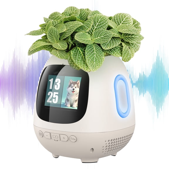 W & O Y1 Smart Music Flower Pot with Bluetooth Speaker, AI Interactive Expression Display, Rechargeable Desktop Planter for Home and Office - Black
