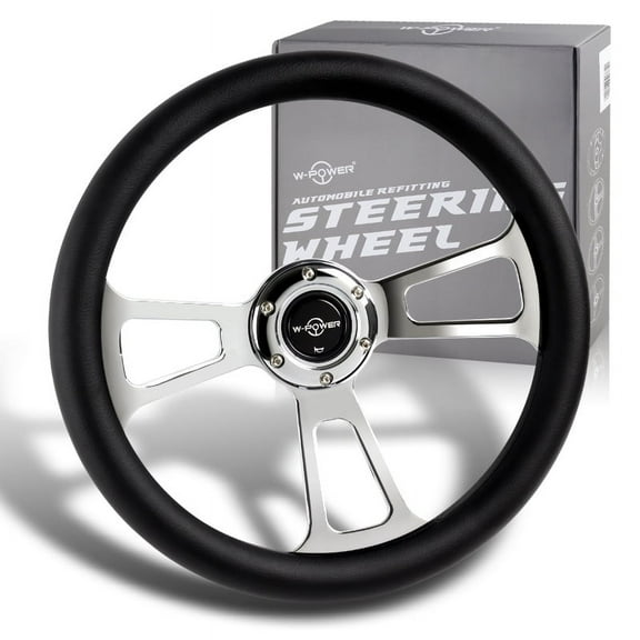 W-Power 13.5" Black Leather Grip 6-Hole Chrome 3-Spoke Vintage Steering Wheel