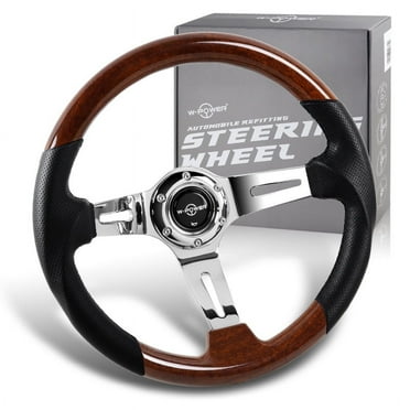 W-Power 13.5" Dark Wood Grip 6-Hole Chrome 3-Spoke 343MM Racing Steering Wheel