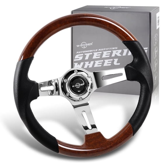 W-Power 13.5" Dark Wood Grip 6-Hole Chrome 3-Spoke 343MM Racing Steering Wheel