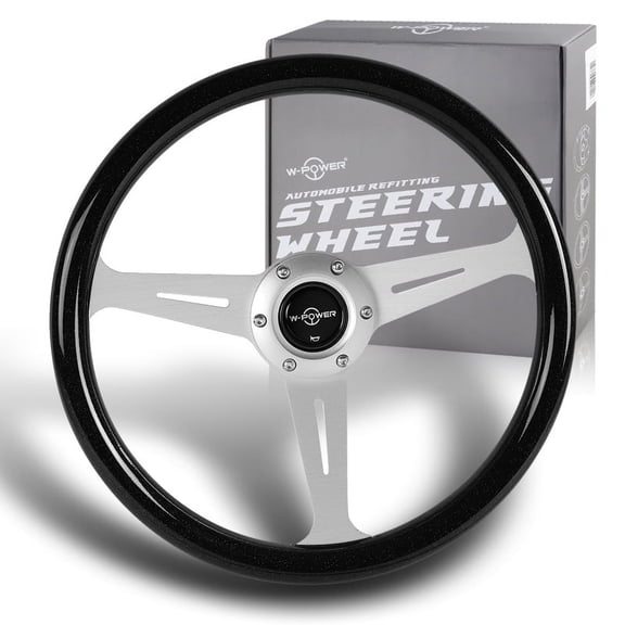 W-Power 14" Black Galaxy Glitter Wood 6-Hole Spoke Silver Center Steering Wheel