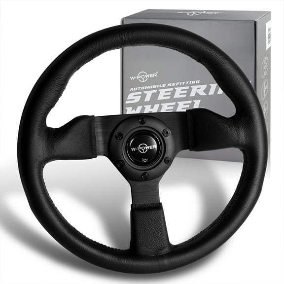 W-Power 305MM 12" Black Premium Leather Grip 6-Hole Black Spoke Steering Wheel