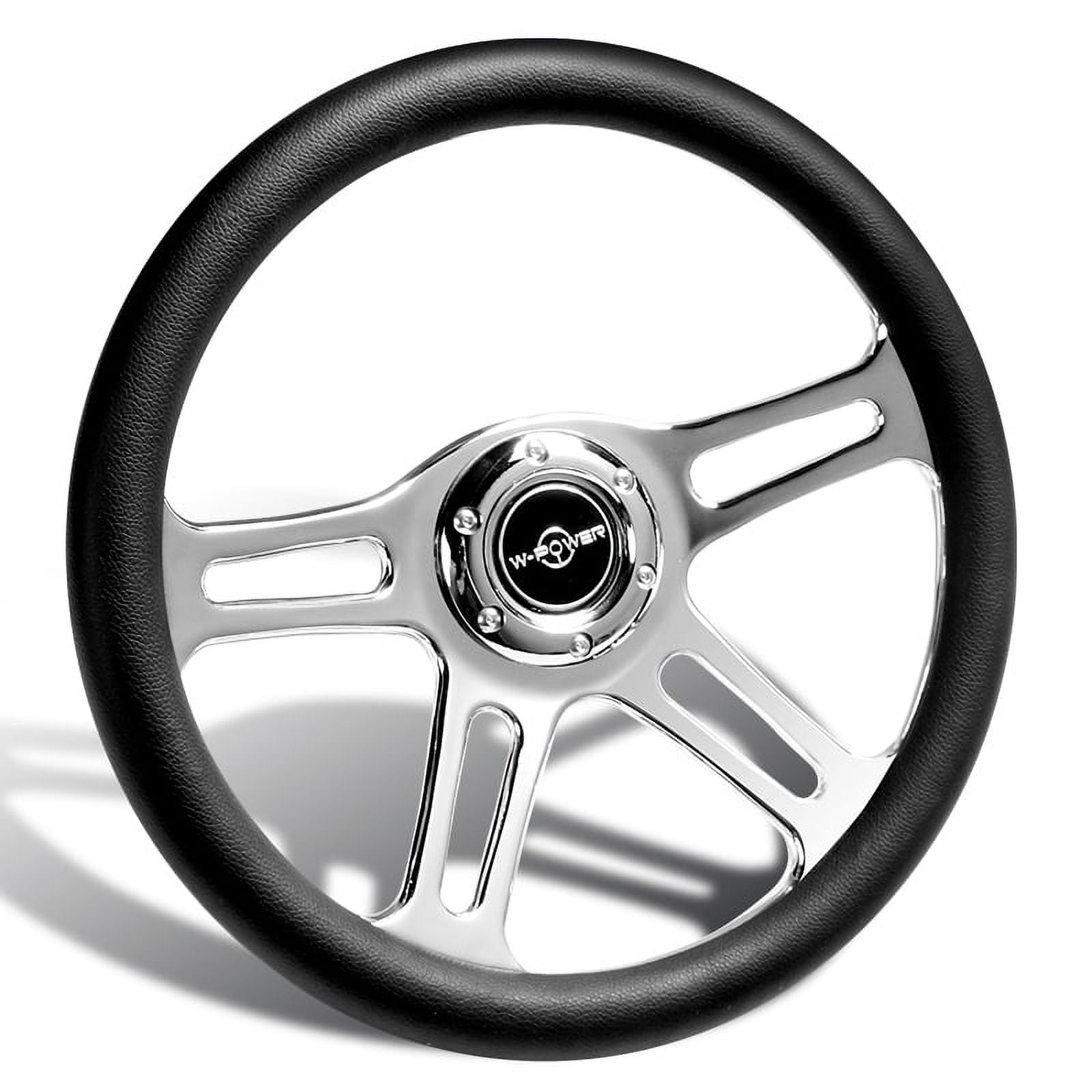 W-Power 350MM 14" BLK Leather Grip 6-Hole Chrome 4-Spoke Vintage Steering Wheel