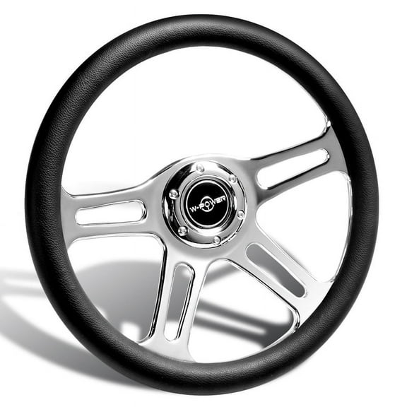 W-Power 350MM 14" BLK Leather Grip 6-Hole Chrome 4-Spoke Vintage Steering Wheel