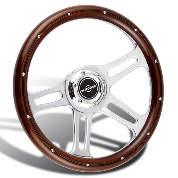 W-Power 350MM 14" Dark Wood Grip 6-Hole Chrome 4-Spoke Vintage Steering Wheel