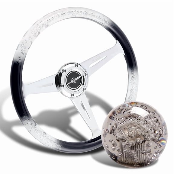 W-Power 350MM Black/Clear VIP Crystal Bubble 3-Spoke Steering Wheel + 60mm Ball Style Shifter Knob