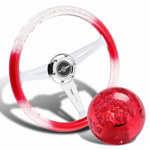 W-Power 350MM Red/Clear VIP Crystal Bubble 3-Spoke Steering Wheel + 60mm Ball Style Shift Knob