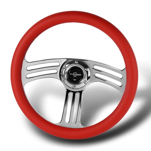 W-Power 350MM Red Leather Grip 6-Hole Chrome 3-Spoke Vintage 14" Steering Wheel