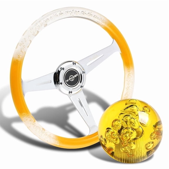 W-Power 350MM Yellow/Clear VIP Crystal Bubble 3-Spoke Steering Wheel + 60mm Ball Style Shift Knob