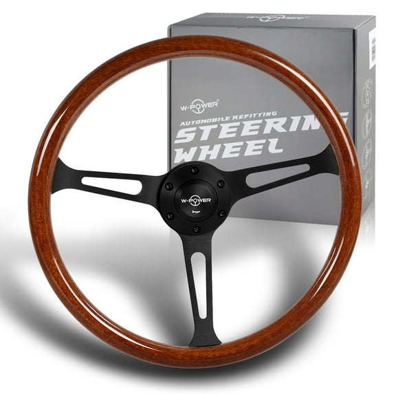 W-Power 380MM Brown Wood Grain 6-Holes Matt Black Spoke 15-Inch Steering Wheel
