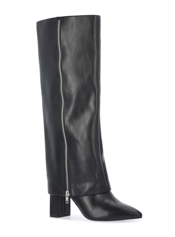 Women's Faux Leather Fold Over Zip Knee High Boots