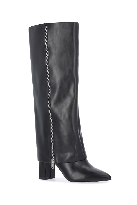 Women's Faux Leather Fold Over Zip Knee High Boots