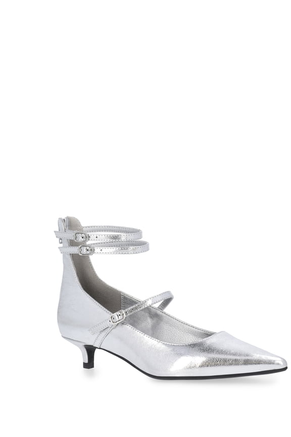 Women's Faux Leather Pointed Toe Strappy Kitten Heel Shoes