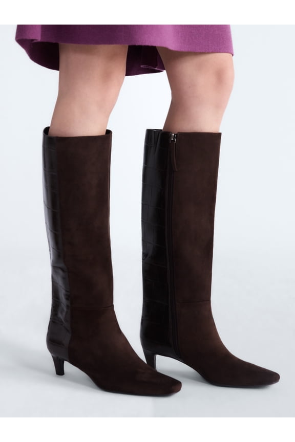 Women’s Two Tone Kitten Heel Knee High Boots, Wide Width Available