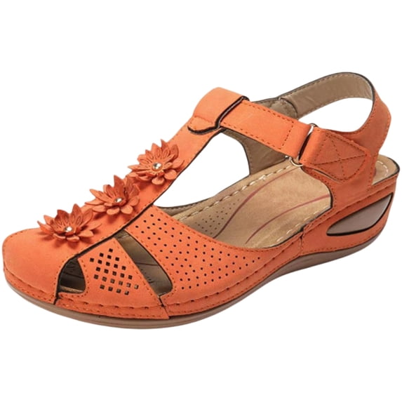 W Sandals For Women Closed Toe Floral Applique Sandals Breathable Perforated Upper Hook And Loop Ankle Strap Soft Sole Summer Casual Shoes Casual Dressy 2026 Shoes Comfort Summer Slides