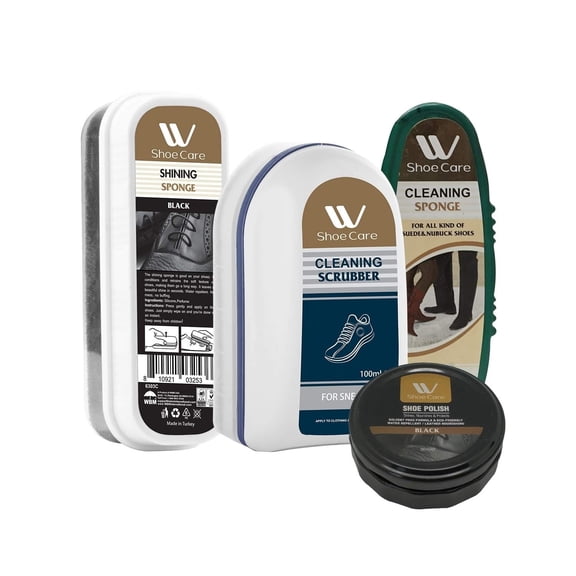 W Shoe Care Cleaning Scruber, & Shining Sponge with Black Shoe Polish Set 4 Pcs