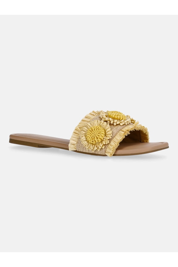 Women's Faux Raffia Daisy Slide Sandals