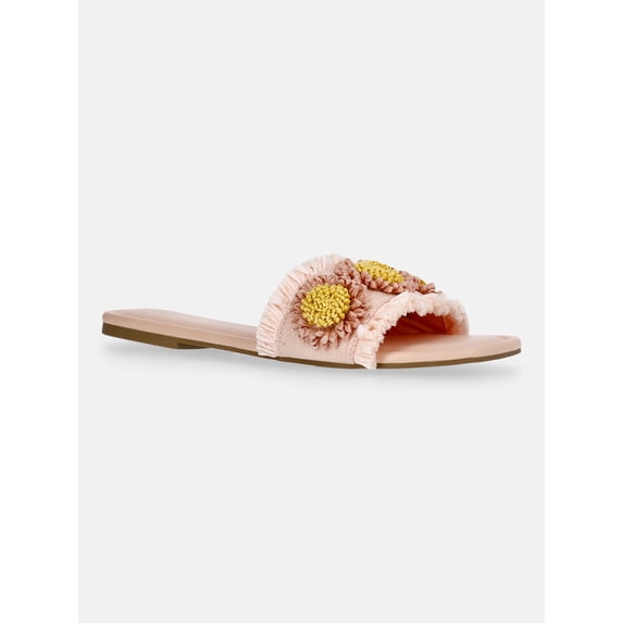 Time and Tru Women's Faux Raffia Daisy Slide Sandals