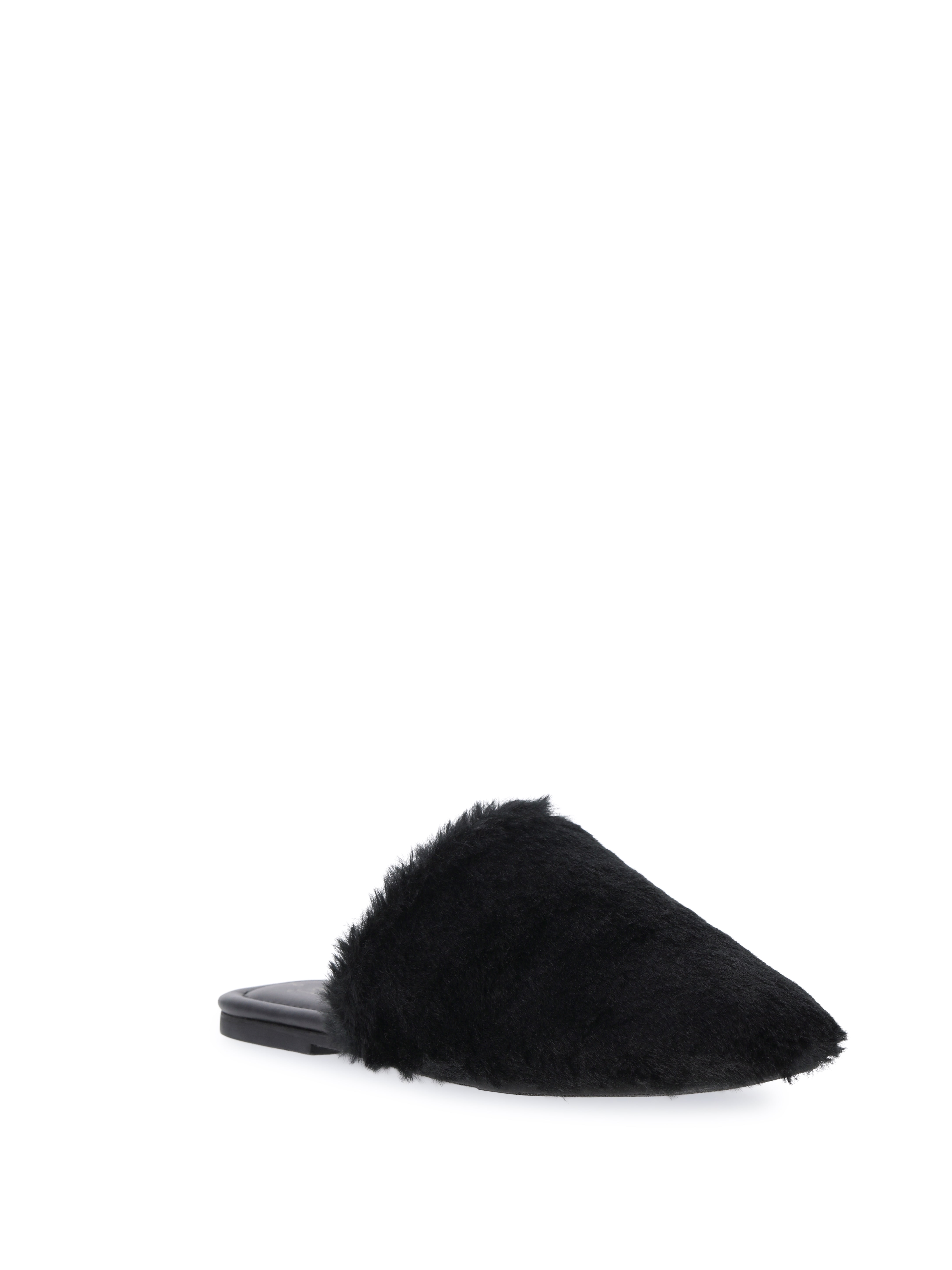 Time and Tru Women’s Faux Fur Mules displayed at Walmart