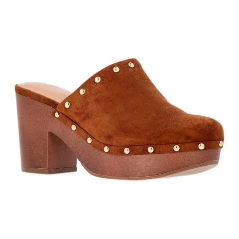 Women's Faux Suede Studded Clogs with Block Heels