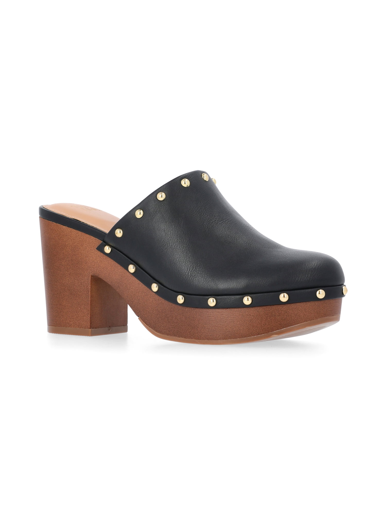 Time and Tru Women's Faux Leather Studded Clogs with Block Heels