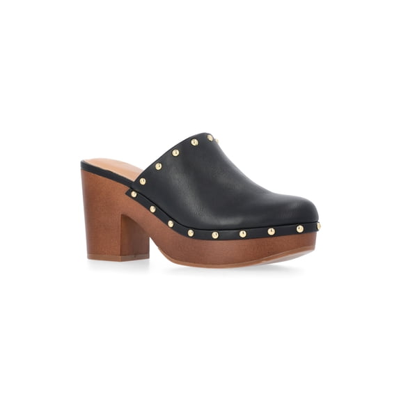 Time and Tru Women's Faux Leather Studded Clogs with Block Heels