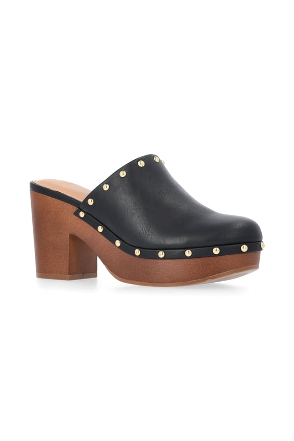 Women's Faux Leather Studded Clogs with Block Heels