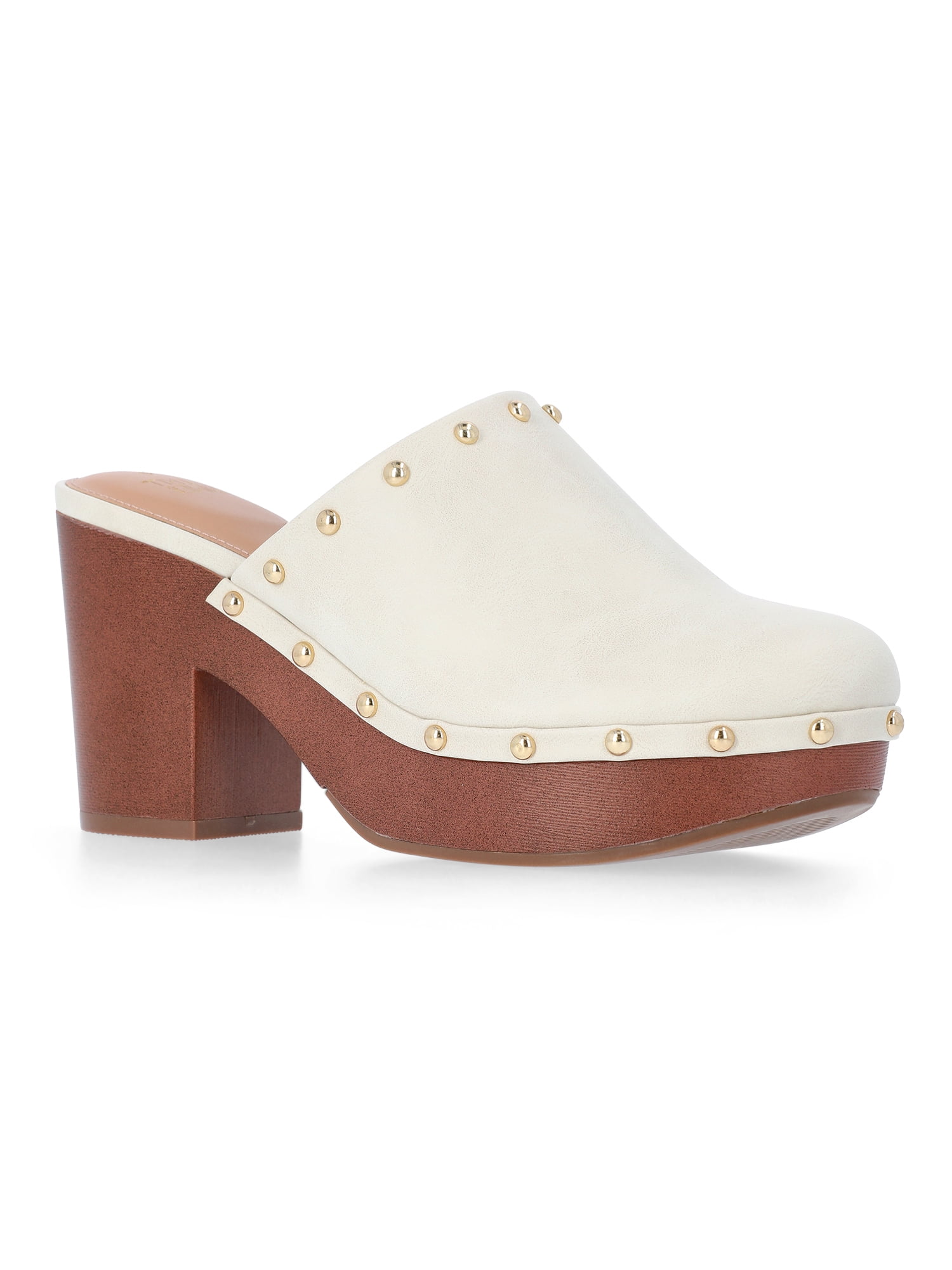 Time and Tru Women's Faux Leather Studded Clogs with Block Heels