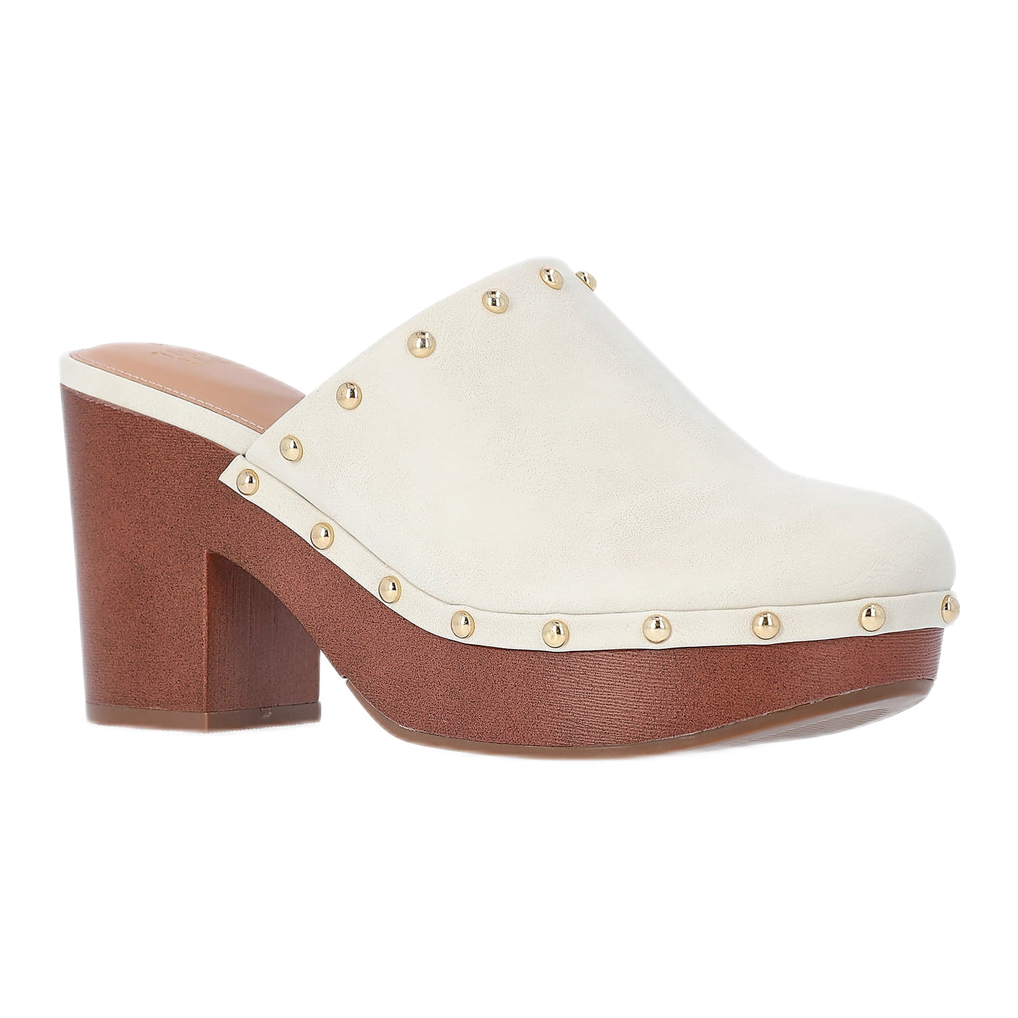 Time and Tru Women's Faux Leather Studded Clogs with Block Heels