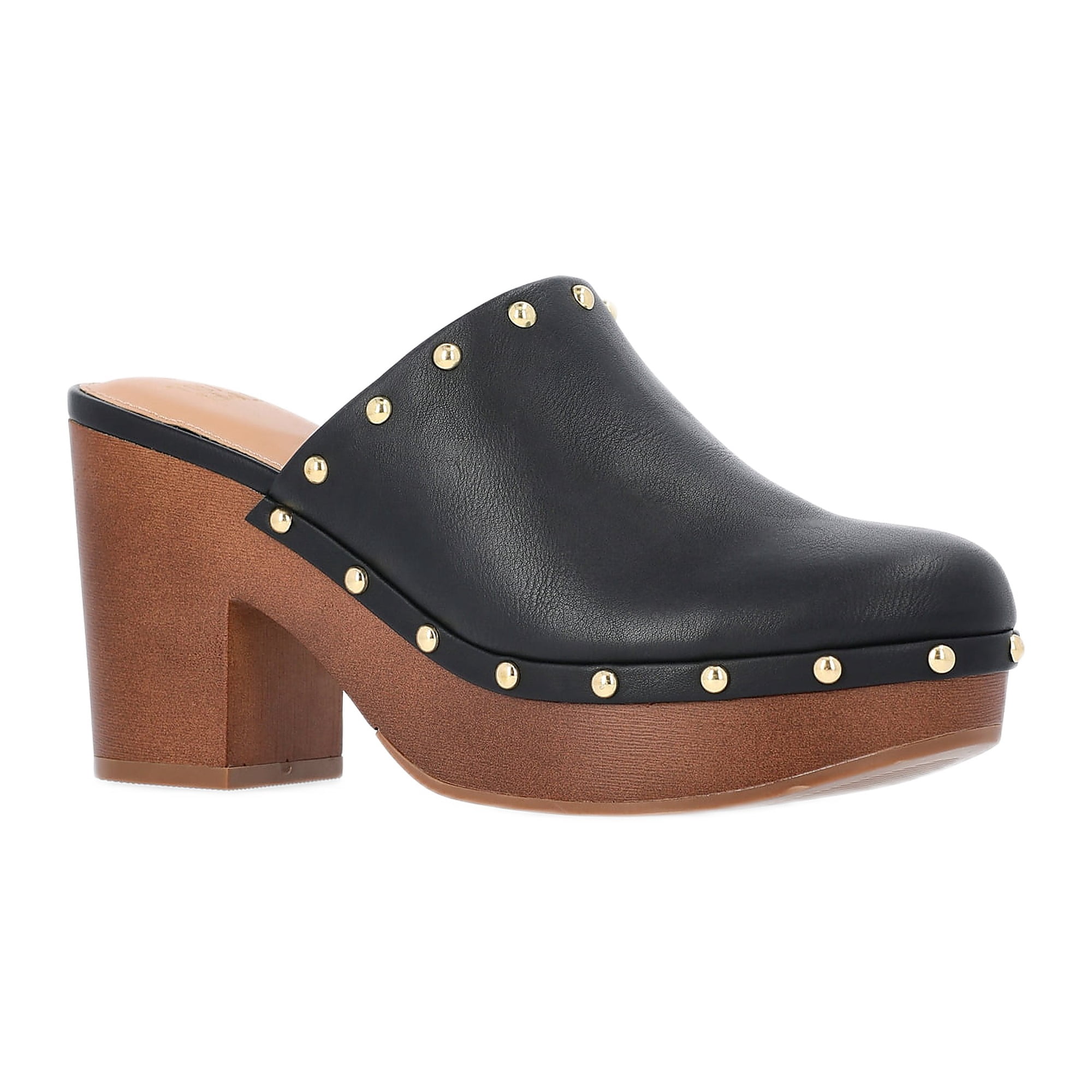 Time and Tru Women's Faux Leather Studded Clogs with Block Heels
