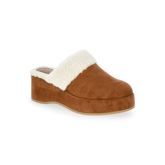 Time and Tru Women's Faux Shearling Wedge Clogs
