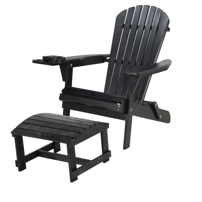 W Unlimited 35 x 32 x 28 in. Foldable Adirondack Chair with Cup Holder Ottoman Black
