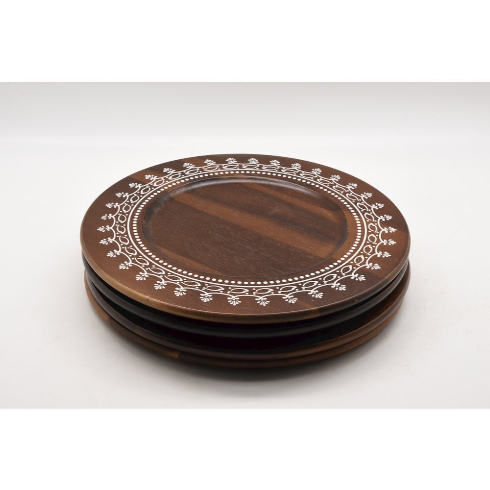 Rustic Acacia Wood Charger Plates with Pattern Border - Set of 4