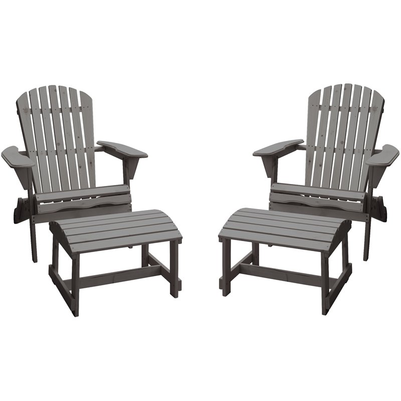 W Unlimited Oceanic 4 Piece Wooden Adirondack Chair and Ottoman Set in Gray