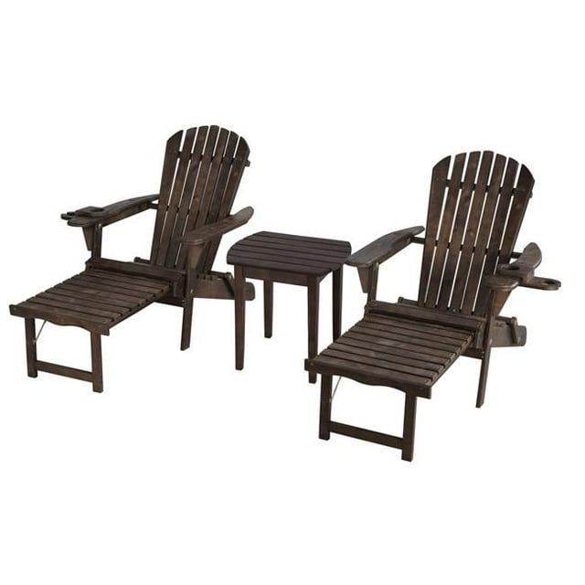 W Unlimited  Oceanic Collection Outdoor Bistro Adirondack Chaise Lounge Foldable Chair Set with Cup & Glass Holder & Built in Ottoman, Dark Brown - Wood - 3 Piece
