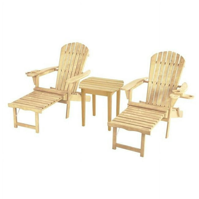 W Unlimited  Oceanic Collection Outdoor Bistro Adirondack Chaise Lounge Foldable Chair Set with Cup & Glass Holder & Built in Ottoman, Natural - Wood - 3 Piece
