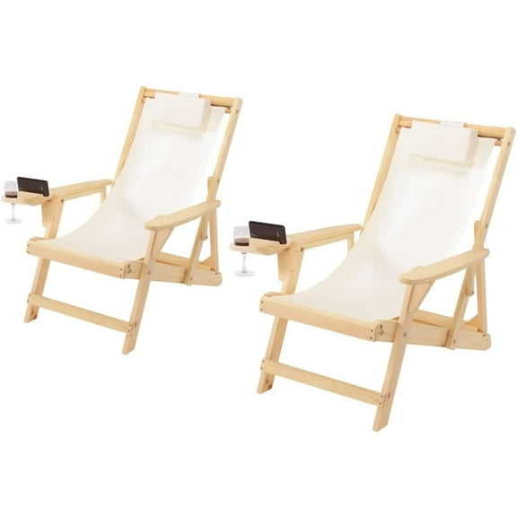 W Unlimited Romantic Wood Sling Chair w/ Cup & Wine Holder in Natural (Set of 2)