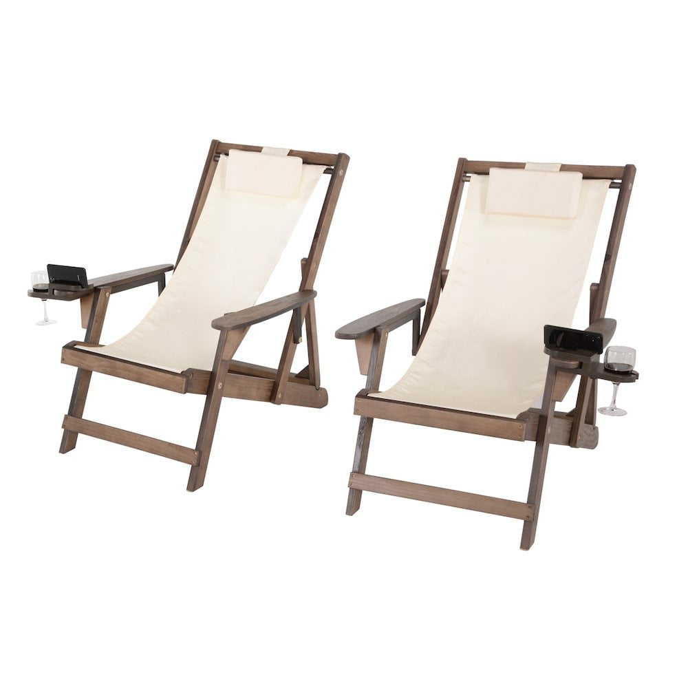 Brown Solid Wood Sling Chair Set with Beige Canvas Cushions