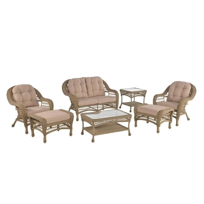 Beige Wicker 7-Piece Outdoor Patio Conversation Set with Ottomans