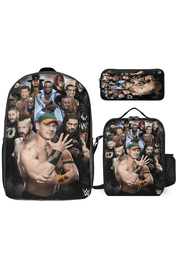 W-W-E three-piece backpack set for wrestling fans, unisex 17-inch casual backpack (including lunch bag)