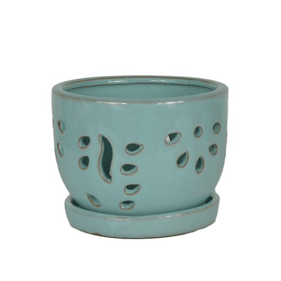 W&W Orchid Pot, Round, Blue Ceramic, 5.8 x 5.8 x 4.45 Inches, with Air Vents