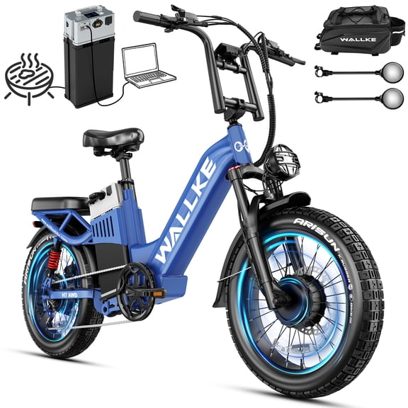 W WALLKE H7 Ultra AWD 4000W Dual Motor Ebikes for Adults, 38MPH Electric Bike, 48V 55Ah Portable Power Station Battery, 20x4 Fat Tire Full Suspension Stepthru Electric Bicycle, UL2849