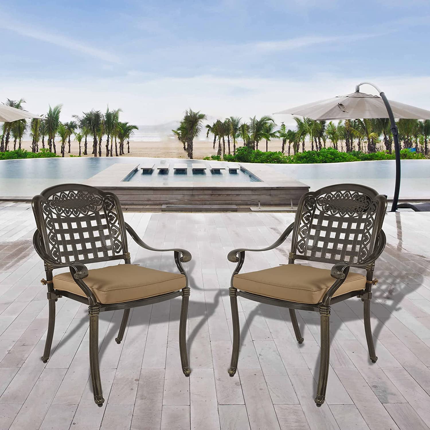 Bronze Metal Outdoor Dining Chairs with Beige Cushions