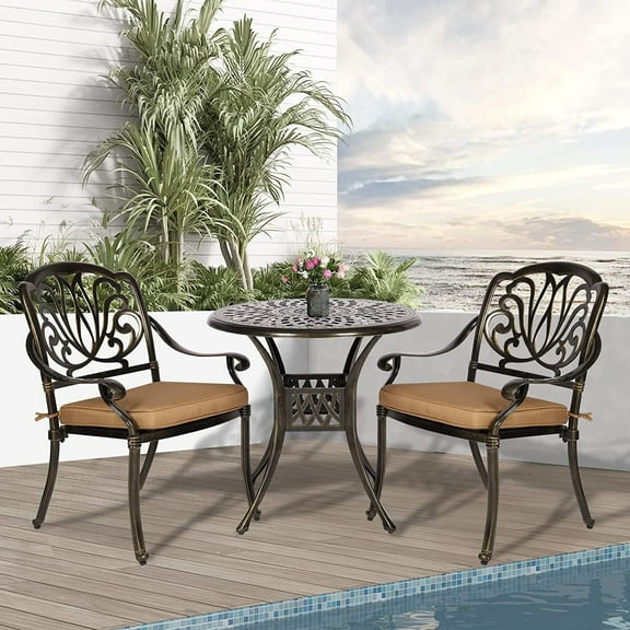 W WARMHOL 3-Piece Outdoor Patio Dining Set, All-Weather Cast Aluminum Patio Furniture Set for Backyard Garden Deck with 2 Cushioned Chairs and 30.8" Round Table, 2" Umbrella Hole